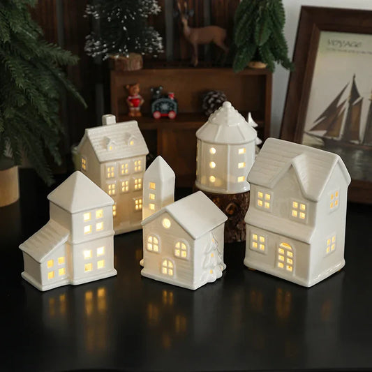 1/4Pcs Ceramic White Christmas Village Houses Light Up LED Lighted Tabletop House Figurines for Winter Holiday Home Decor