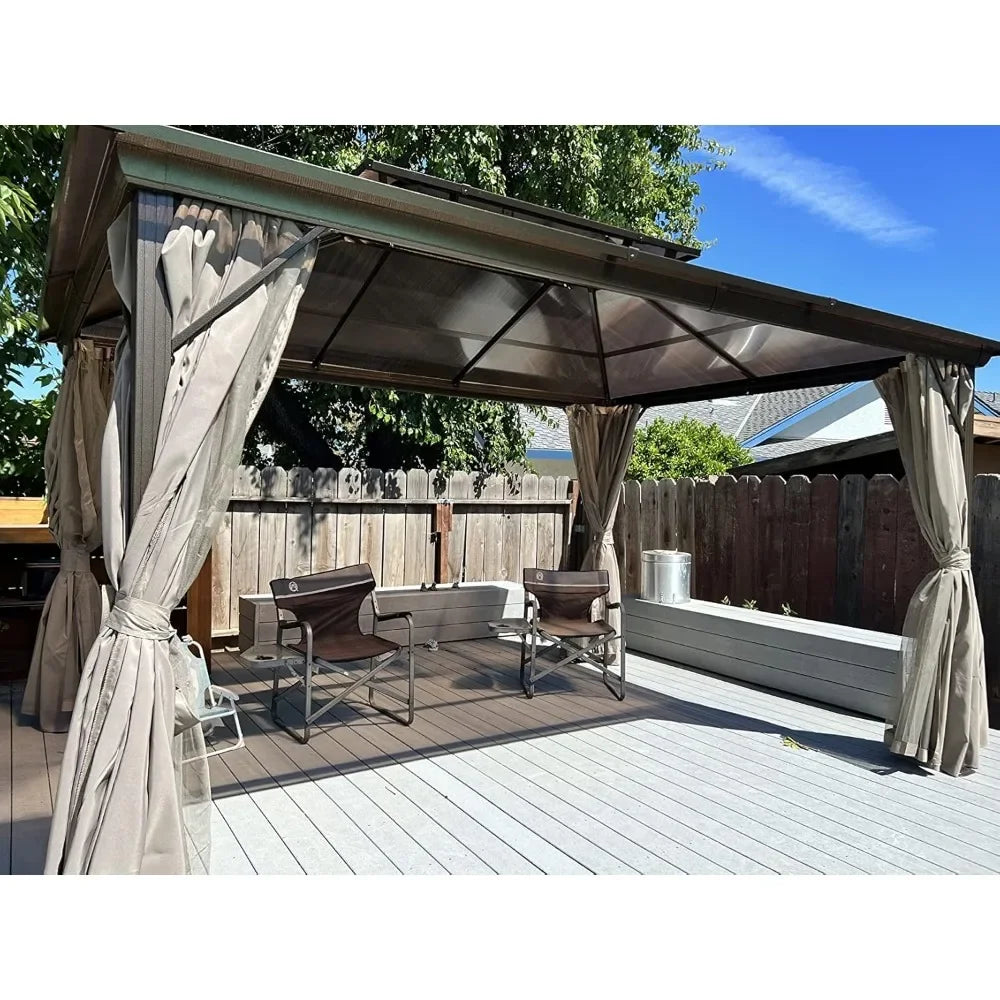 10'x13' Hardtop Gazebo, Outdoor Polycarbonate Double Roof Canopy, Aluminum Frame Permanent Pavilion with Curtains and Netting