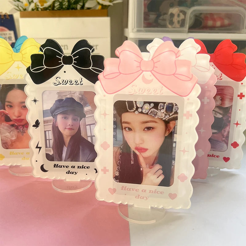 Sweet Bowknot Acrylic Photo Frame Idol Small Card Postcard Display Stand 3 Inch Photos Photocard Holder Desktop Decoration