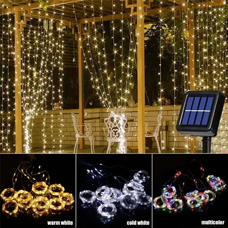 1pc Curtain String Lights, Solar Powered Fairy Lights,Wedding Christmas Garland Halloween Party New Year Garden Home Decoration