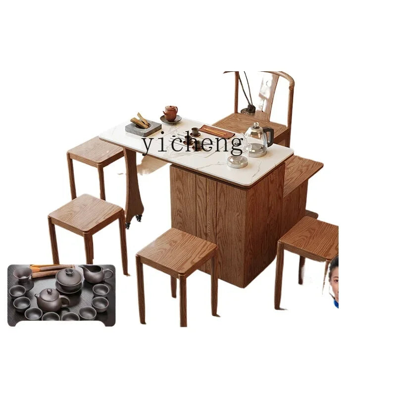 XL mobile tea table solid wood folding kung fu tea table and chair combination balcony rock slab multi-functional small tea cart