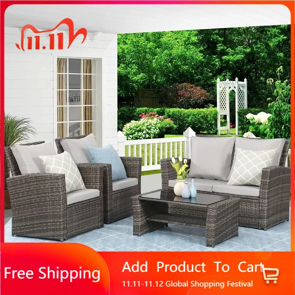 4 Piece Outdoor Patio Furniture Sets, Wicker Conversation Set for Porch Deck, Gray Rattan Sofa Chair with Cushion, Free Shipping