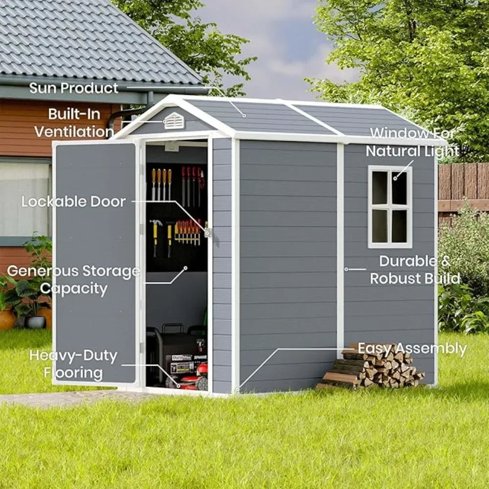 4 x 6 FT Outdoor Storage Shed, Resin Storage Shed with Floor & Lockable & Window Door for Patio Furniture, Bicycle, Grey