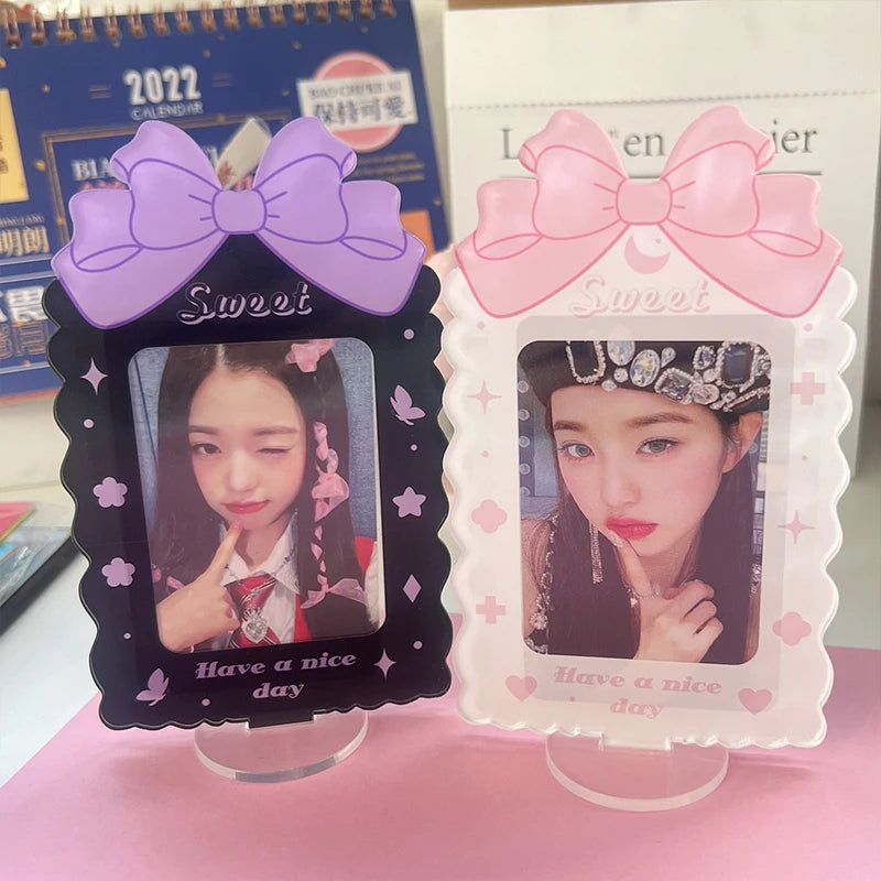 Sweet Bowknot Acrylic Photo Frame Idol Small Card Postcard Display Stand 3 Inch Photos Photocard Holder Desktop Decoration