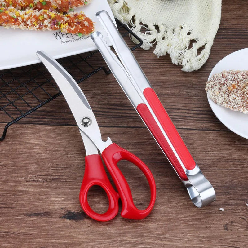 2pcs Barbecue Scissors And Food Tong Set, Stainless Steel Kitchen Scissors, BBQ Tongs, Cooking Scissors For Restaurant Chicken