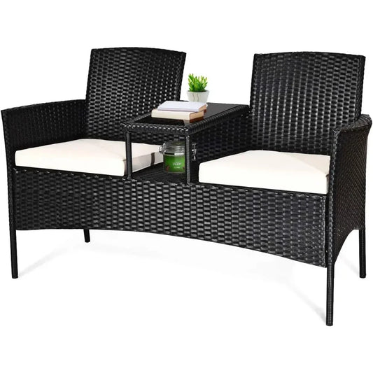 Wicker Patio Conversation Furniture Set, Outdoor Furniture Set with Removable Cushions & Table, Tempered Glass