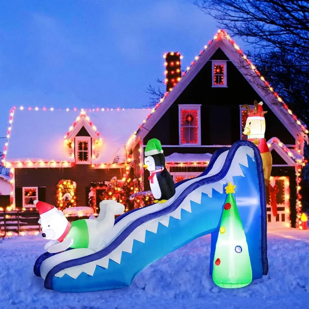 9 FT Christmas Inflatables Outdoor Decorations, Funny Slide Scene Inflatable with Reindeer Penguin Polar Bear Built-in LED Light