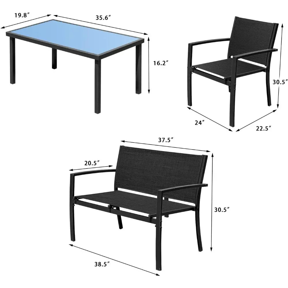 4 Pieces Patio Furniture Set Outdoor Garden Patio Conversation Sets Poolside Lawn Chairs with Glass Coffee Table Porch Furniture