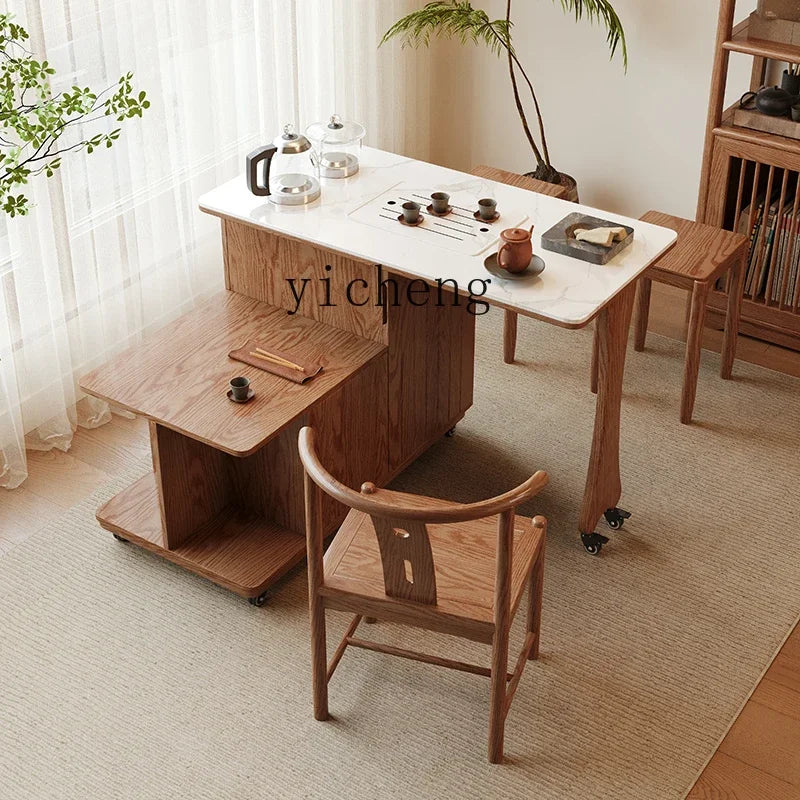 XL mobile tea table solid wood folding kung fu tea table and chair combination balcony rock slab multi-functional small tea cart