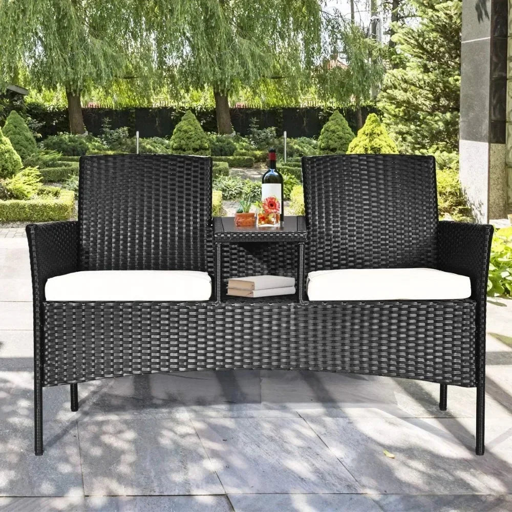 Wicker Patio Conversation Furniture Set, Outdoor Furniture Set with Removable Cushions & Table, Tempered Glass