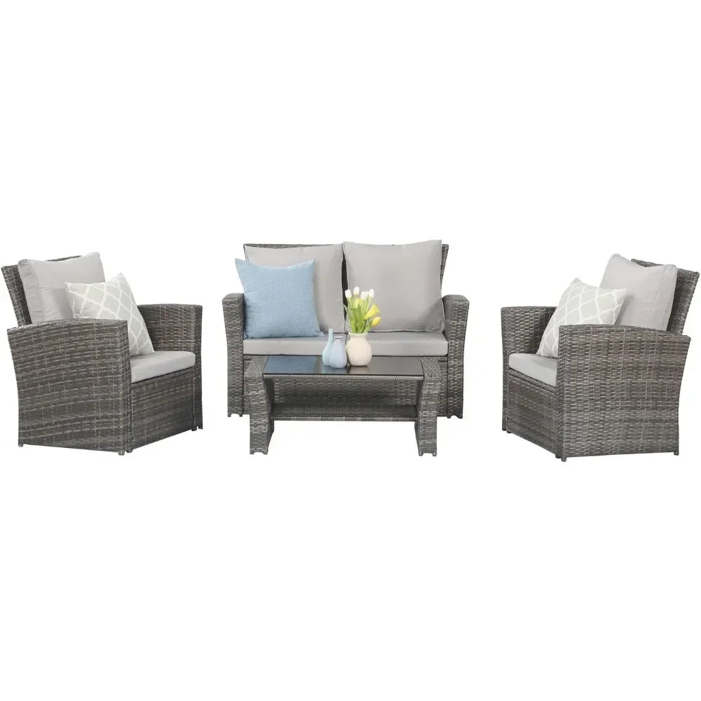 4 Piece Outdoor Patio Furniture Sets Wicker Conversation Set for Porch Deck Sofa Gray Rattan Sofa Chair With Cushion Garden