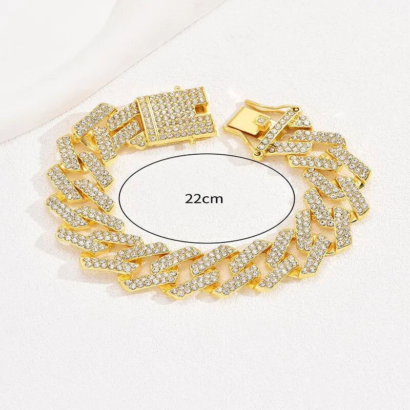 Hip Hop Miami Link Chain Gold Bracelet Clear Crystal Stone Fold Over Closure Big Chain Bracelet For Men Personlity Accessory