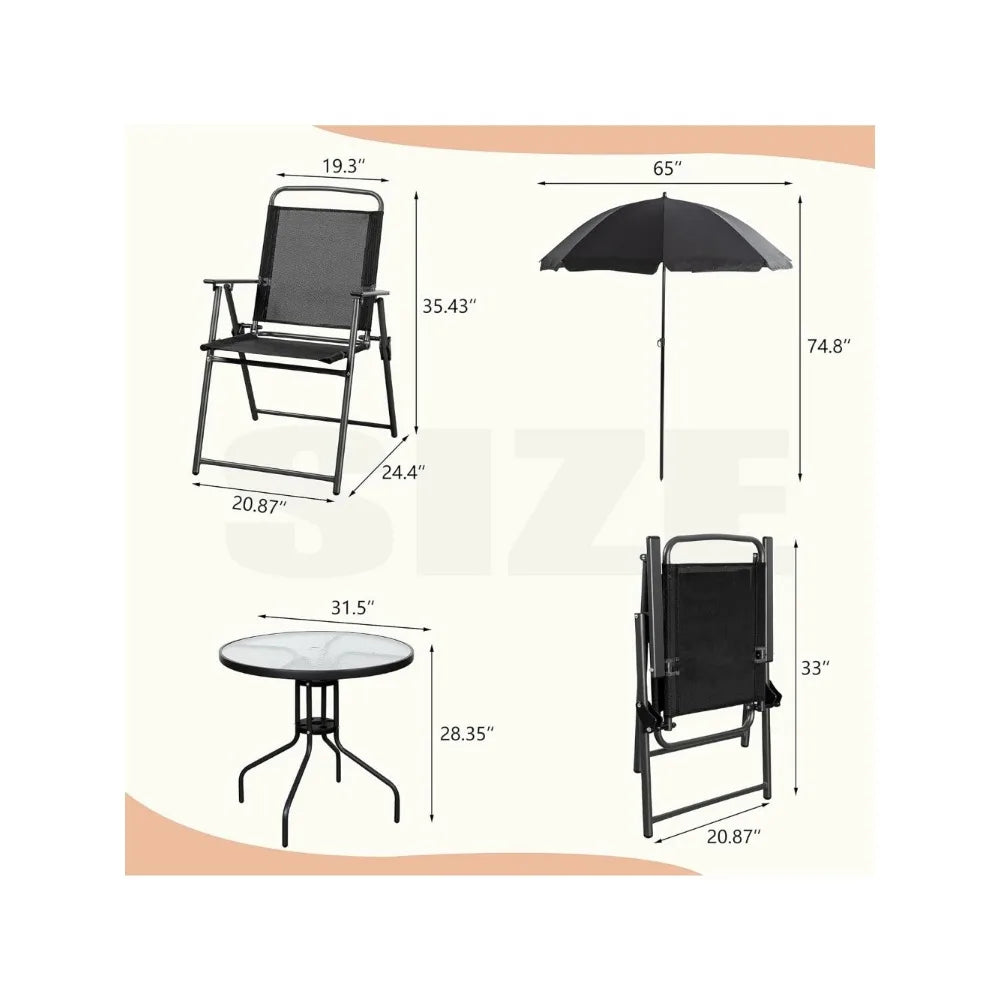 6 Piece Folding Patio Dining Set,Small Metal Outdoor Garden Patio Table and Chair Set w/Umbrella for Lawn,Deck,Backyar