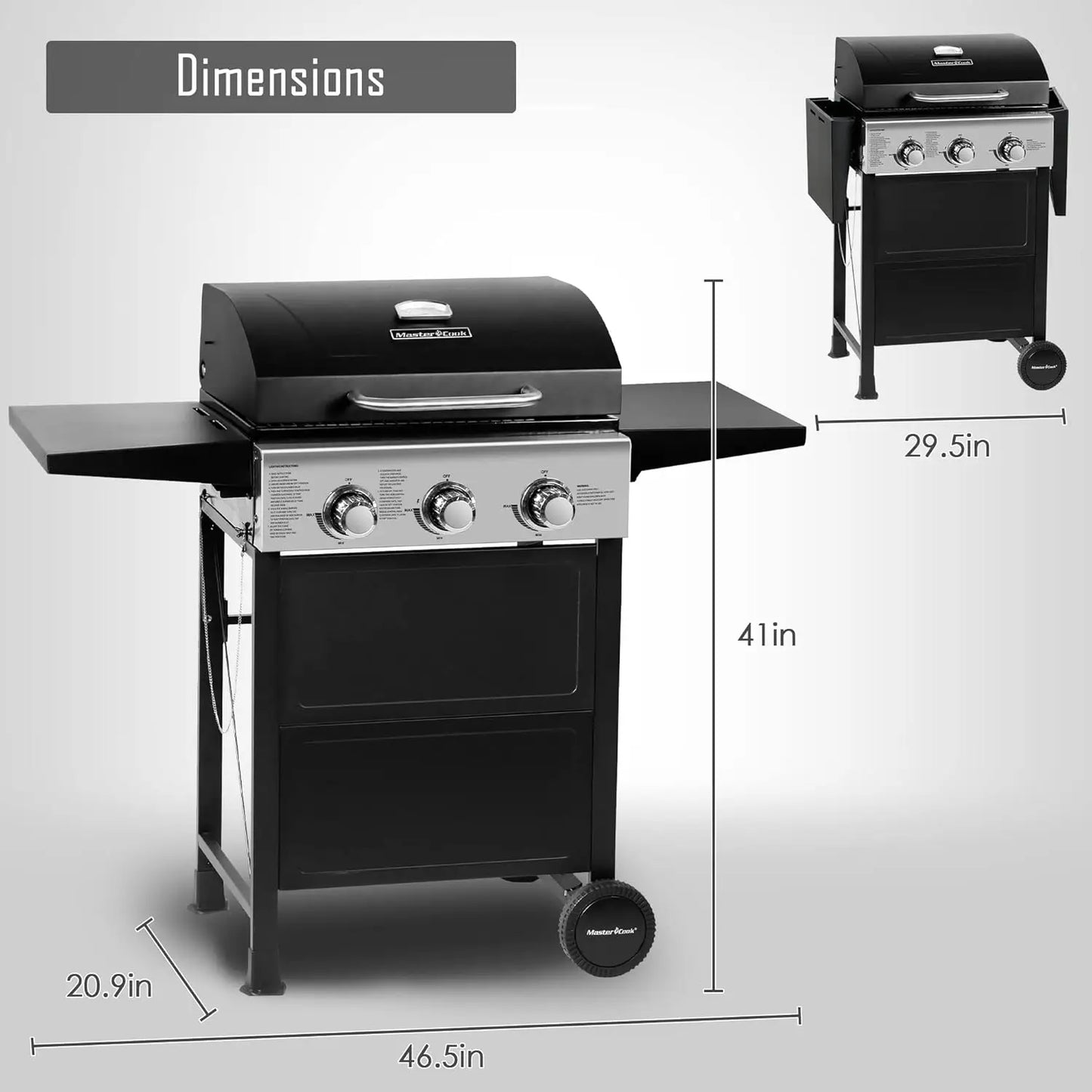 3 Burner  Propane Gas Grill, Stainless Steel 30,000 BTU Patio Garden Barbecue Grill with Two Foldable Shelves