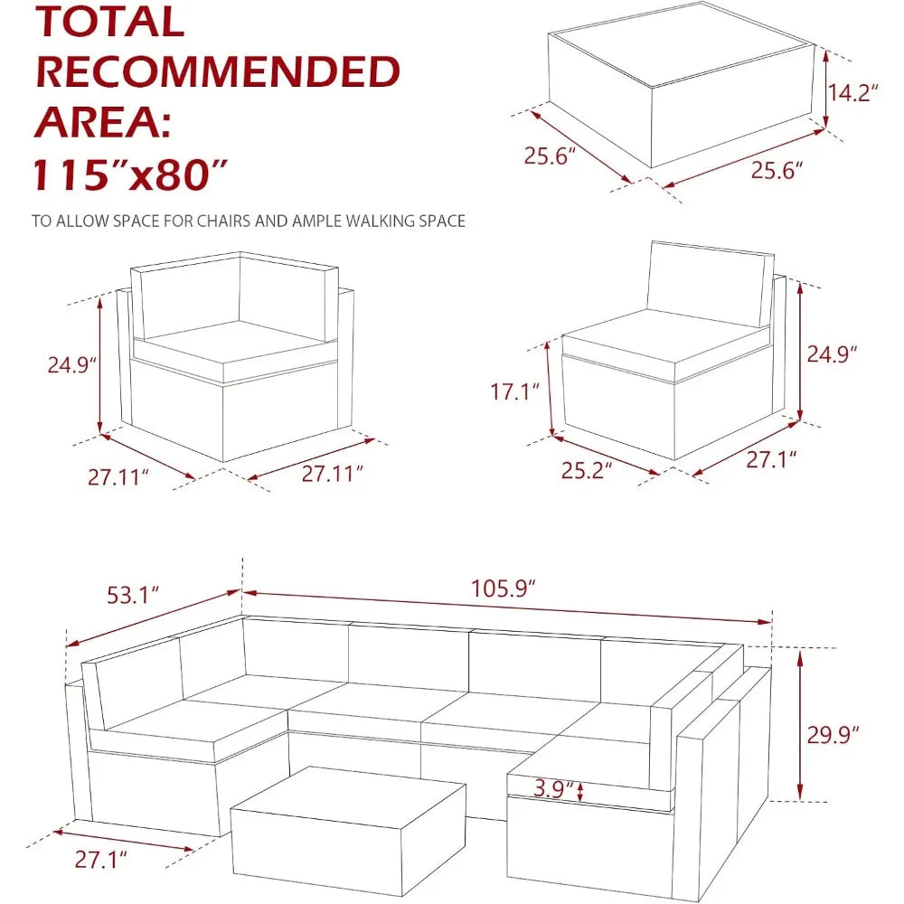 7 Piece Outdoor Patio Furniture Set Outdoor Sectional Conversation Furniture Chair with Coffee Table,Patio Sectional PE Rattan