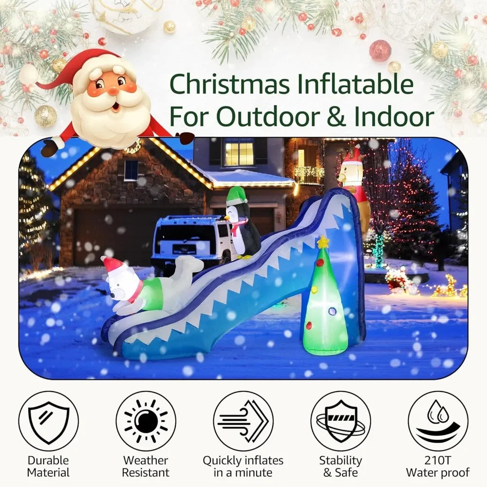 9 FT Christmas Inflatables Outdoor Decorations, Funny Slide Scene Inflatable with Reindeer Penguin Polar Bear Built-in LED Light