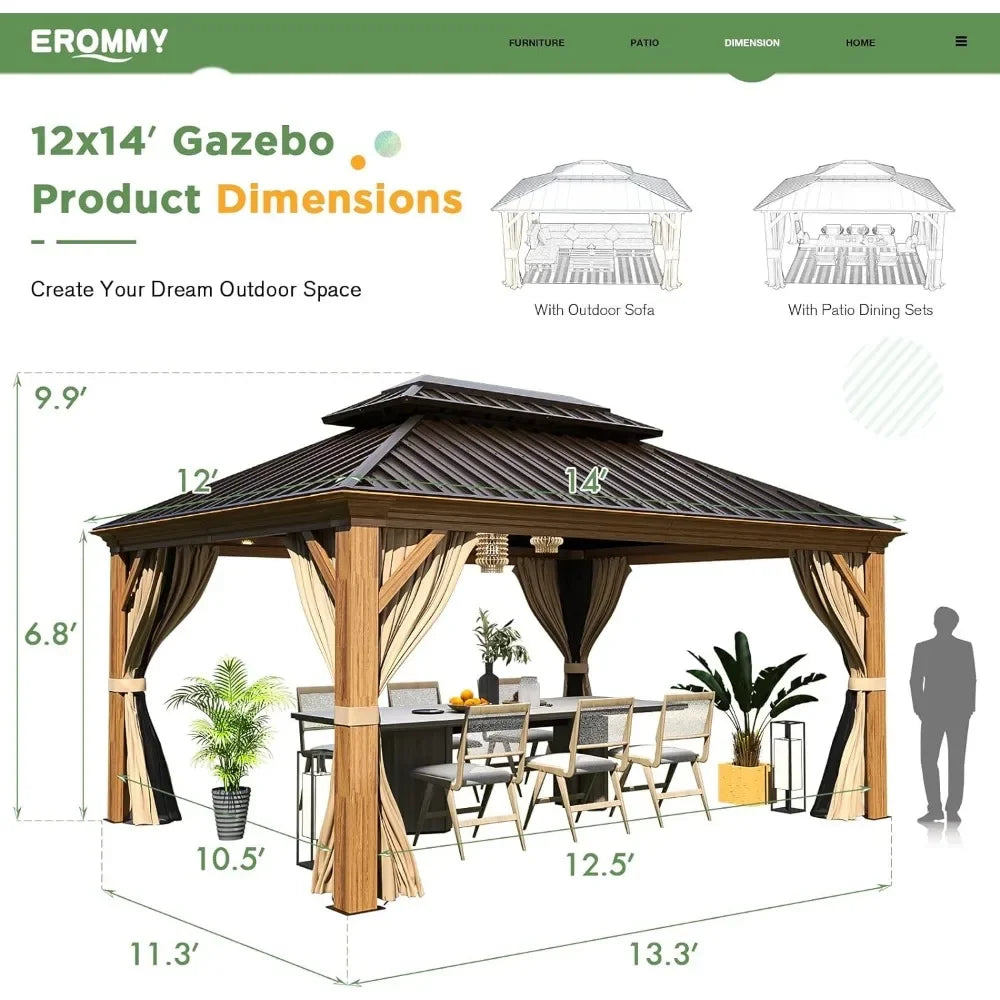 12' x 14' Outdoor Gazebo, Wooden Finish Coated Aluminum Frame Canopy with Curtains, Backyard and Deck, Outdoor Gazebo