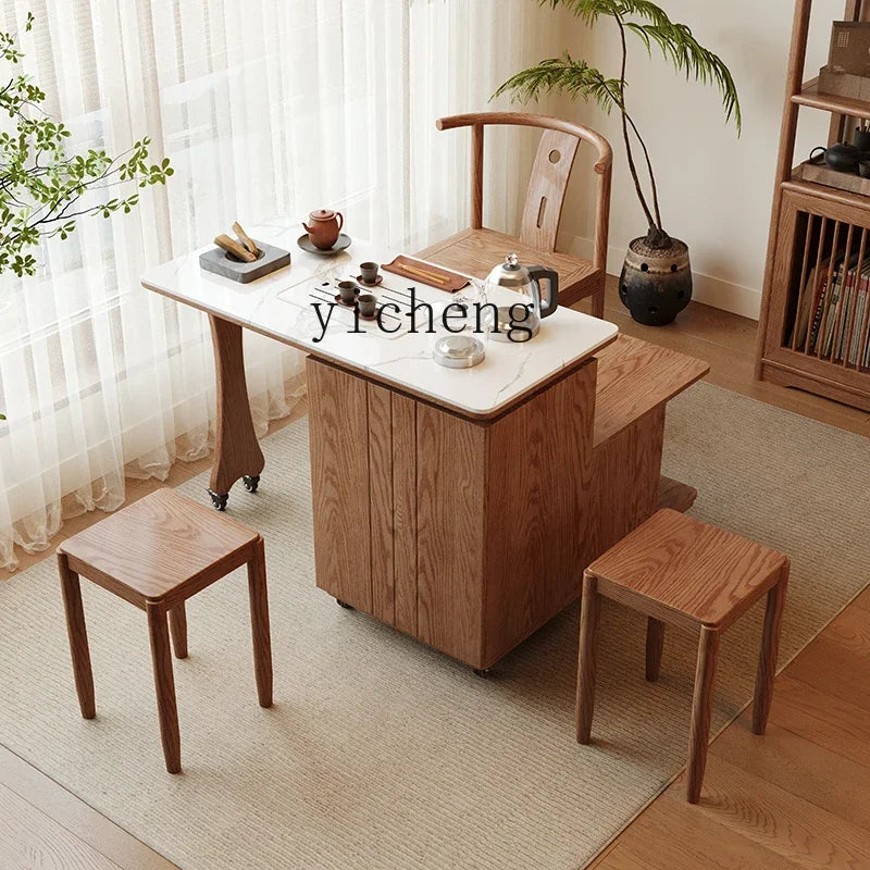 XL mobile tea table solid wood folding kung fu tea table and chair combination balcony rock slab multi-functional small tea cart