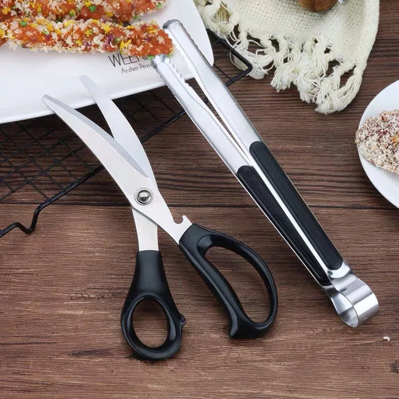 2pcs Barbecue Scissors And Food Tong Set, Stainless Steel Kitchen Scissors, BBQ Tongs, Cooking Scissors For Restaurant Chicken