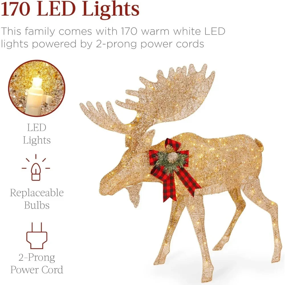 2-Piece Moose Family, Lighted Outdoor All-Weather Christmas Yard Decoration Light-Up Décor Set w/ 170 LED Lights, Ground Stakes