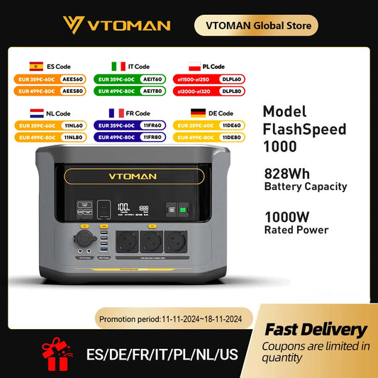 VTOMAN FlashSpeed 1000 Portable Power Station 2000W 828Wh LiFeP04 Battery For Outdoor Camping Tent Travel