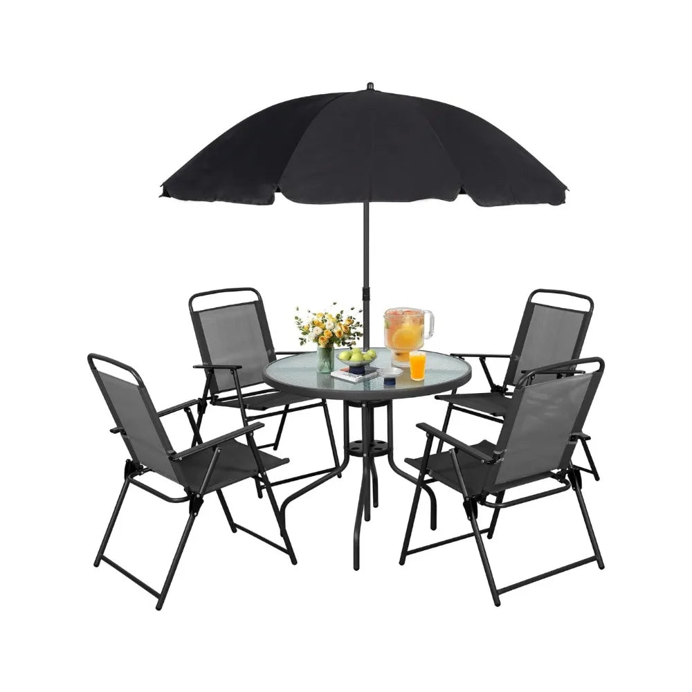 6 Piece Folding Patio Dining Set,Small Metal Outdoor Garden Patio Table and Chair Set w/Umbrella for Lawn,Deck,Backyar