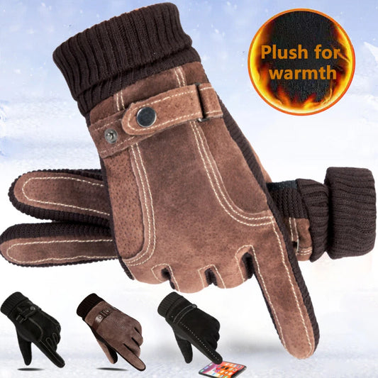 Winter Men's Gloves Suede Keep Warm Touch Screen Windproof Driving Guantes Thick Plush Anti Slip Outdoor Male Leather Gloves