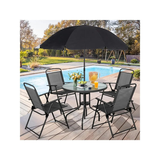 6 Piece Folding Patio Dining Set,Small Metal Outdoor Garden Patio Table and Chair Set w/Umbrella for Lawn,Deck,Backyar