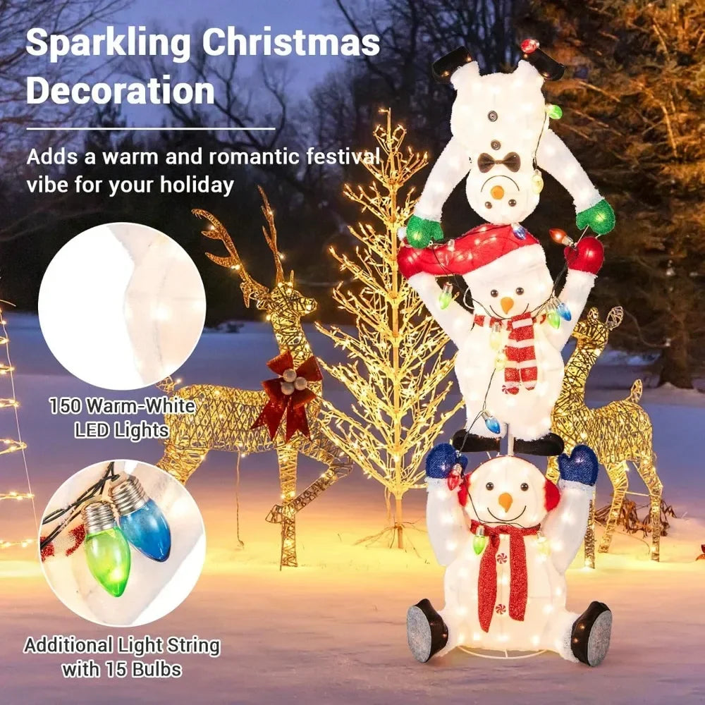 5.6 FT Lighted Christmas Stacked Snowmen Decoration, Pre-Lit Snowmen Ornament with LED Lights, Light String, Outside Xm