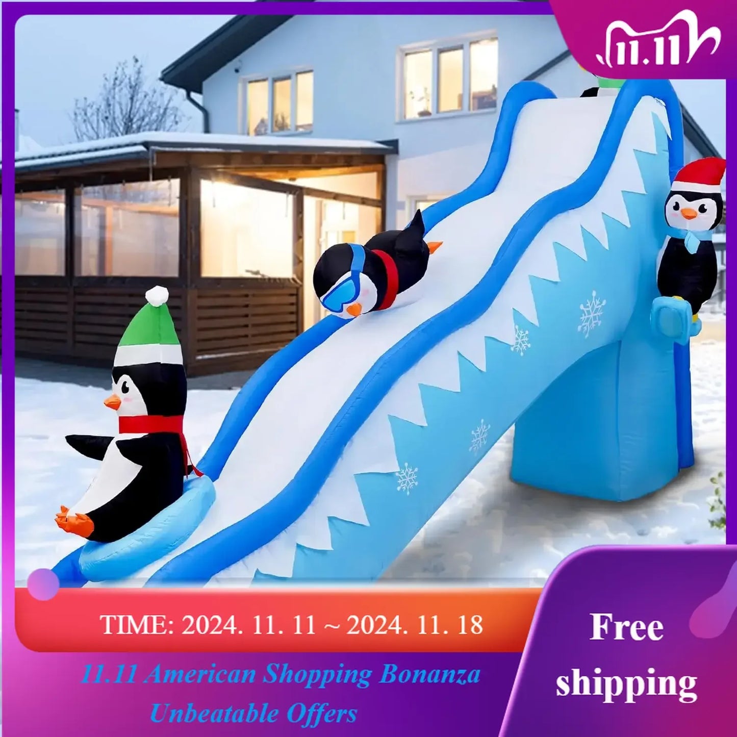 6FT Christmas Inflatables Penguin Slide Blow Up Christmas Decorations Outdoor Build-in LED Lights Penguin Inflatab