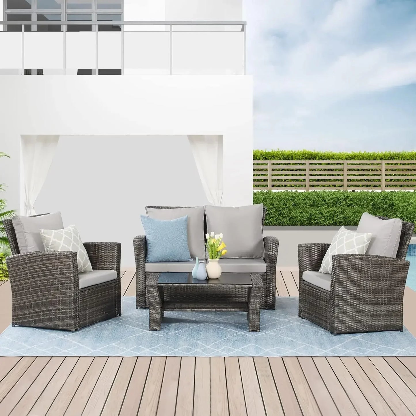 Lane 4 Piece Outdoor Patio Furniture Sets, Wicker Conversation Set for Porch Deck, Gray Rattan Sofa Chair