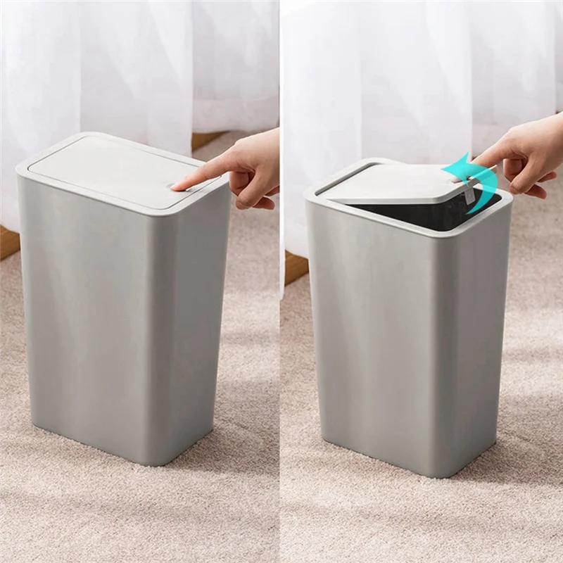 Household Square Trash Can Living Room Office Paper Basket Thickened with Lid Push-Type Plastic,Light Gray