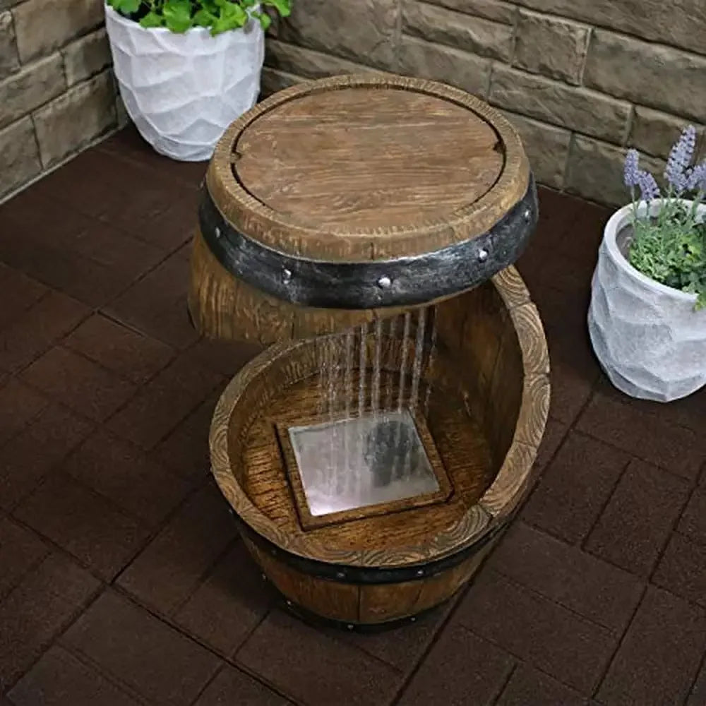 Vintage Style Barrel Outdoor Water Fountain with LED Lights 25-Inch Electric Submersible Pump Calming Rain Sound Brown Resin 2