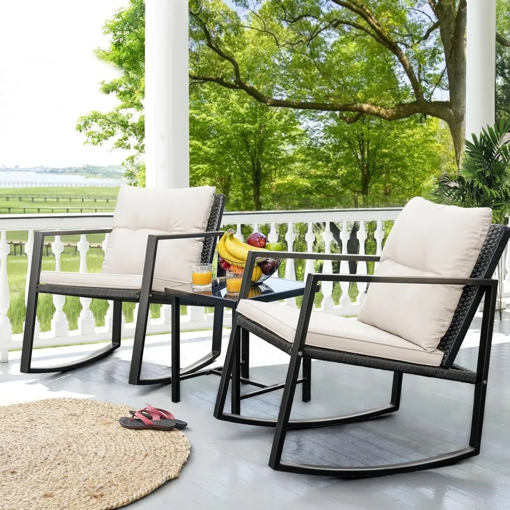 Wicker Rocking Chair Outdoor Bistro Sets with Coffee Table and Cushions Metal Frame Patio Furniture for Porch, Balcony