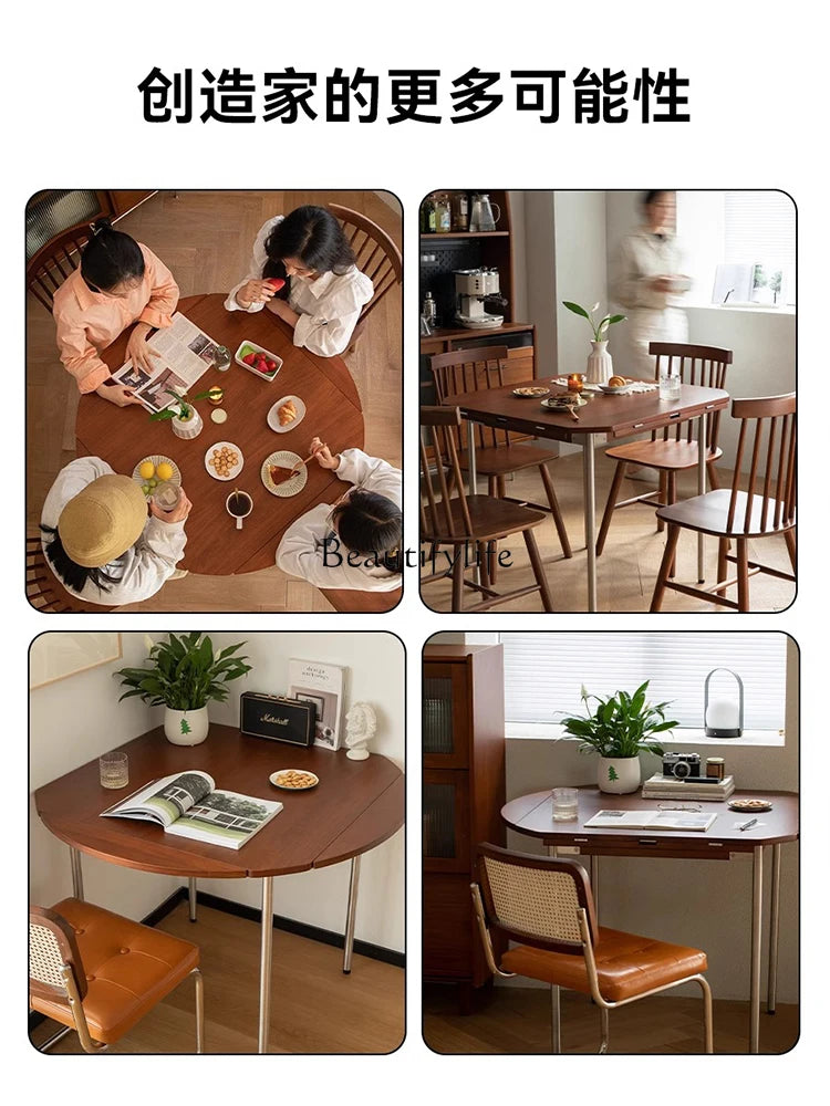 Japanese retractable folding dining table small apartment walnut log style all solid wood square table