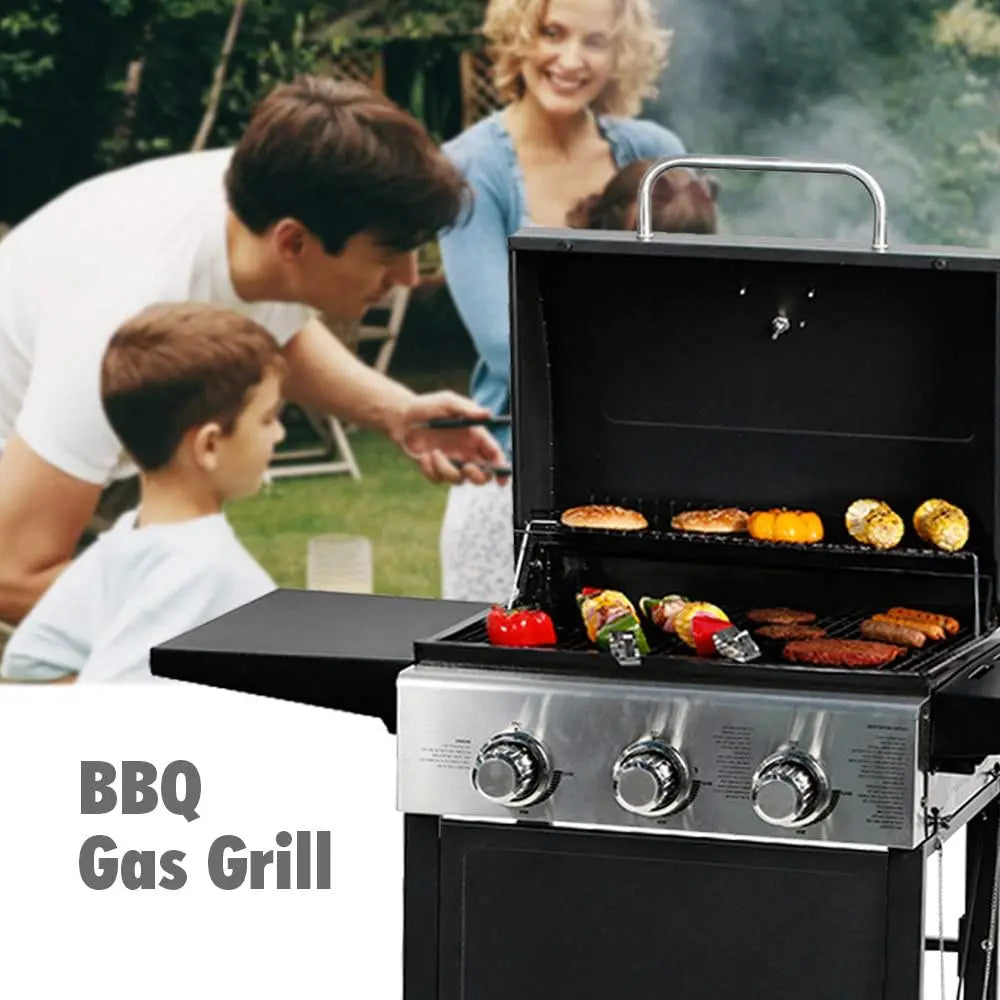 3 Burner  Propane Gas Grill, Stainless Steel 30,000 BTU Patio Garden Barbecue Grill with Two Foldable Shelves