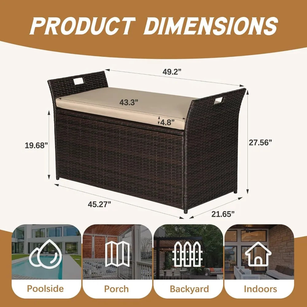 90 Gallon Outdoor Wicker Storage Bench with Cushion, Patio PE Rattan Deck Box with Handles