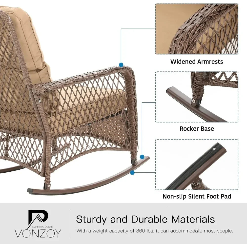 2024 New Patio Furniture Set 3 Pieces, Wicker Rocking Bistro Set with Thick Cushions, Outdoor Rocker Chairs and Coffee Table