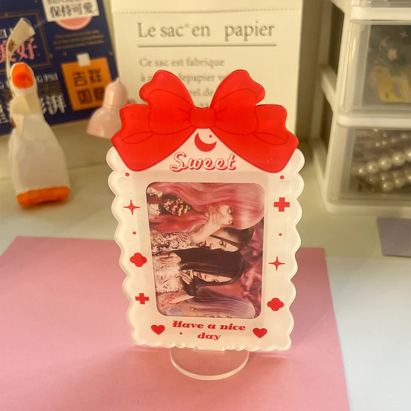 Sweet Bowknot Acrylic Photo Frame Idol Small Card Postcard Display Stand 3 Inch Photos Photocard Holder Desktop Decoration