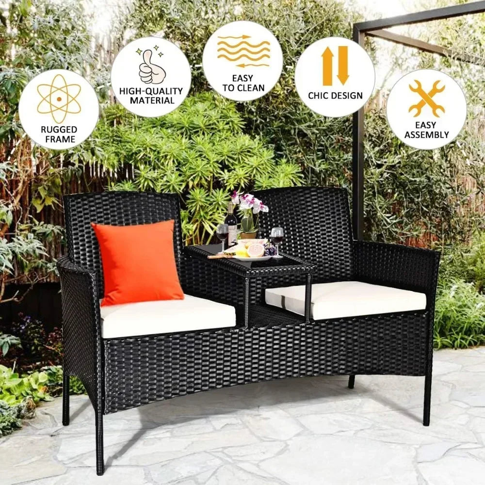 Wicker Patio Conversation Furniture Set, Outdoor Furniture Set with Removable Cushions & Table, Tempered Glass