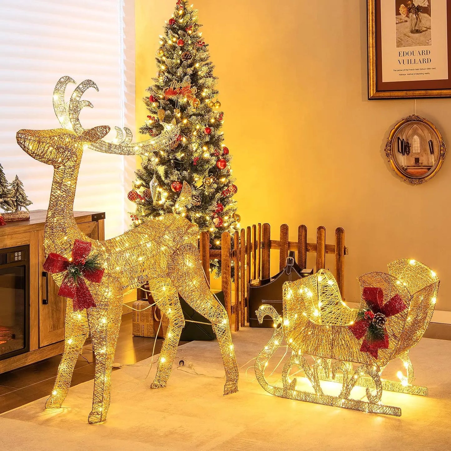 4.7 FT Lighted Christmas Reindeer & Sleigh, Xmas Lighted Outdoor Decoration with 100 Warm Lights, 8 Ground Stakes, 30 Cable Ties