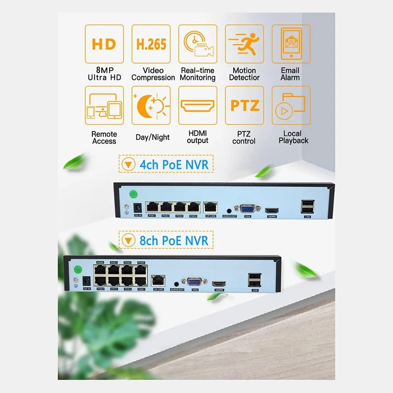 Xmeye 4K POE NVR 8Channel Video Recorder For 48V POE 8MP 5MP Security Surveillance IP Camera Face Detect EU Plug