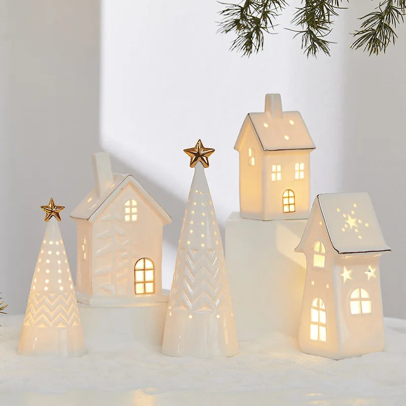 2025 Christmas Tree House Ceramic Villa Creative Luminous Fairy Tale Snow House Christmas Scene Decoration Atmosphere Ornament