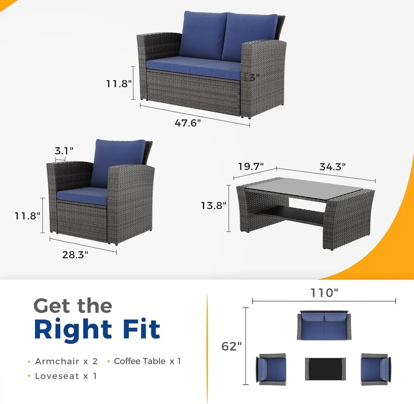 4 Piece Outdoor Patio Furniture Sets, Wicker Conversation Set for Porch Deck, Grey Rattan Sofa Chair with Cushion