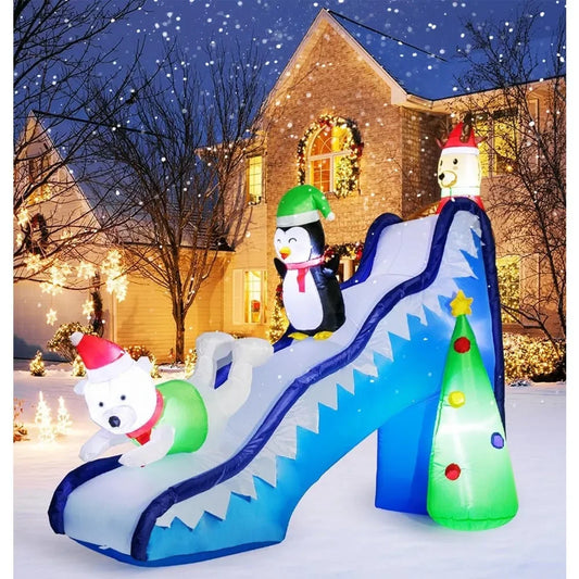 9 FT Christmas Inflatables Outdoor Decorations, Funny Slide Scene Inflatable with Reindeer Penguin Polar Bear Built-in LED Light