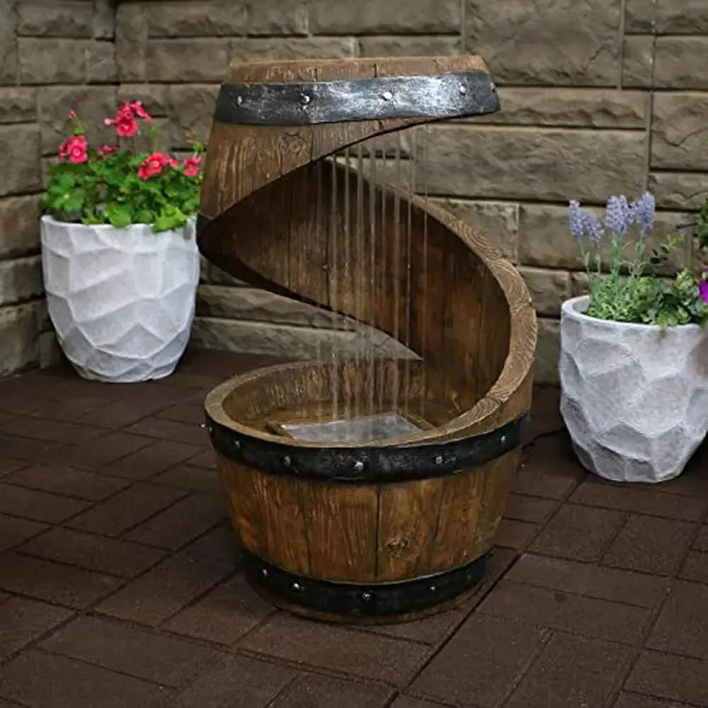 Vintage Style Barrel Outdoor Water Fountain with LED Lights 25-Inch Electric Submersible Pump Calming Rain Sound Brown Resin 2