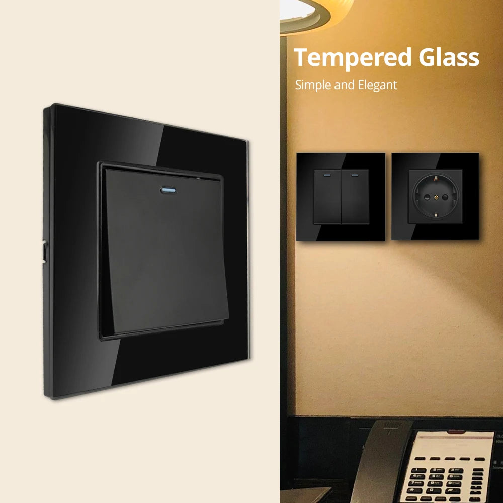 Wallpad Black Tempered Glass Panel Wall EU UK Electrical Outlets And Switches Dual USB Charge Port Socket 1/2/3/4 Gang 1 2 3 Way