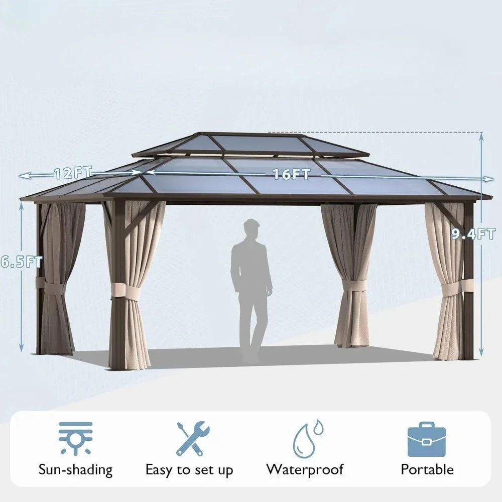 12'x16' Outdoor Gazebo, with Curtains and Netting, Outdoors Polycarbonate Double Roof Canopy, More Durable, Outdoor Gazebo