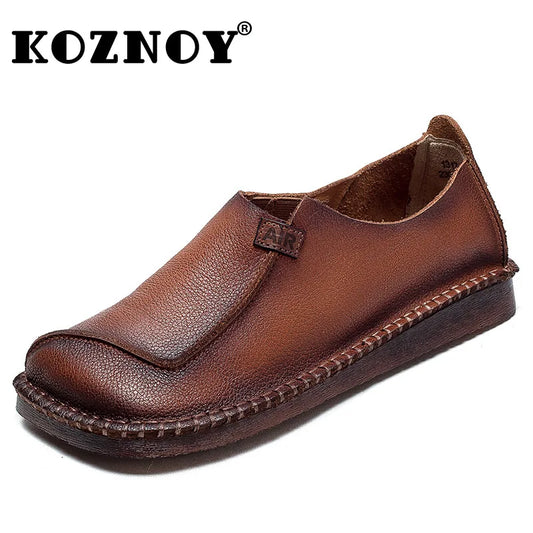 Koznoy 2cm Retro Ethnic Natural Genuine Leather Spring Autumn Sewing Loafer Summer Comfy Shallow Women Soft Flats Casual Shoes