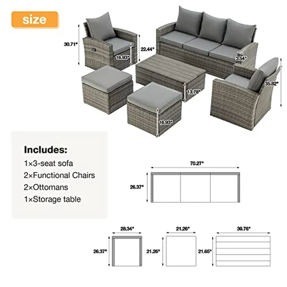 6-Piece Outdoor Patio Furniture Set with Reclining Chair and Ottoman Vintage Gray Wicker Design Rust-Resistant and